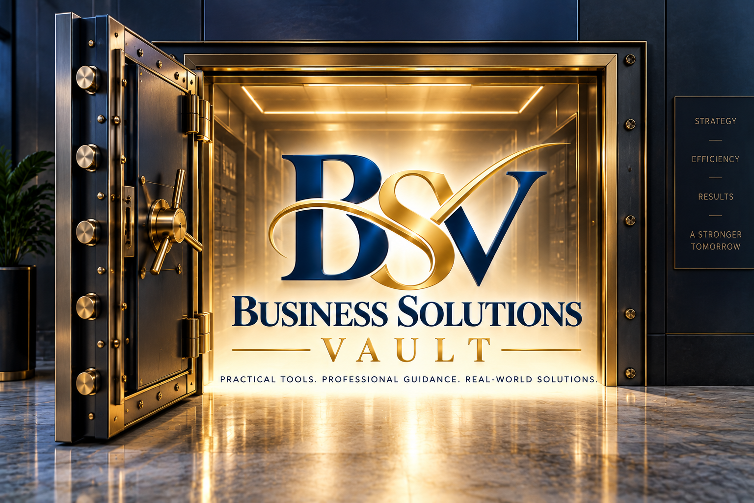 Business Solutions Vault navy and gold open vault brand artwork